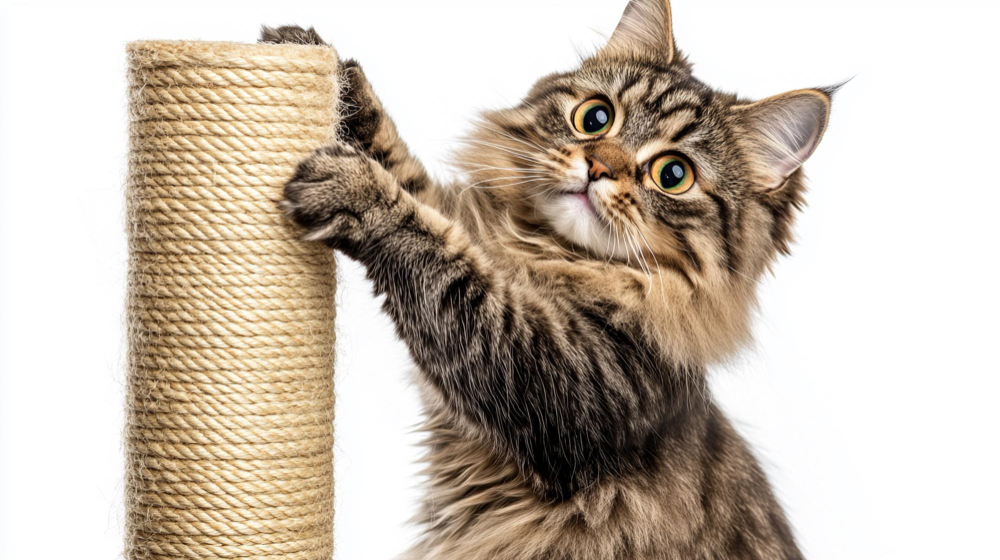 Fluffy tabby cat using a sisal scratching post