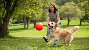 Golden Retriever playing fetch with dog toys in the park