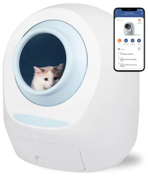 White cat inside the Casa Leo Leo’s Loo Too self-cleaning automatic litter box that works with Pretty Litter, app interface displayed.