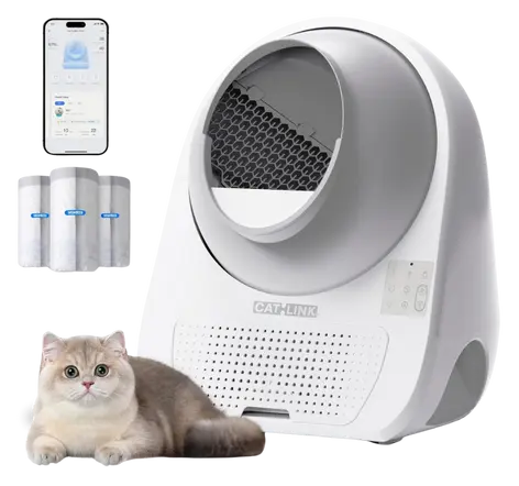 Cat sitting beside the Catlink Luxury Pro automatic litter box, smart self-cleaning system designed to work with Pretty Litter crystals.