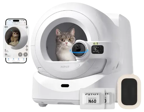 Cat sitting inside the Petkit Purobot Ultra automatic litter box, an AI-powered self-cleaning system that works with Pretty Litter and offers advanced odor control.