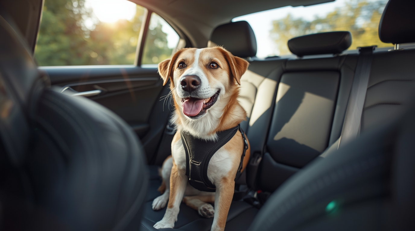 A happy dog safely secured with a dog seat belt in a car, showing comfort and protection during travel.