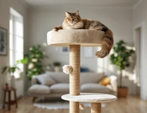 Large Maine Coon lounging on a sturdy cat tree for large cats with multiple platforms and scratching posts in a modern living room.