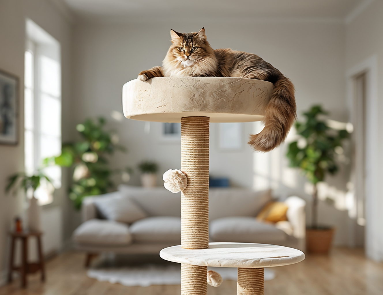 Large Maine Coon lounging on a sturdy cat tree for large cats with multiple platforms and scratching posts in a modern living room.