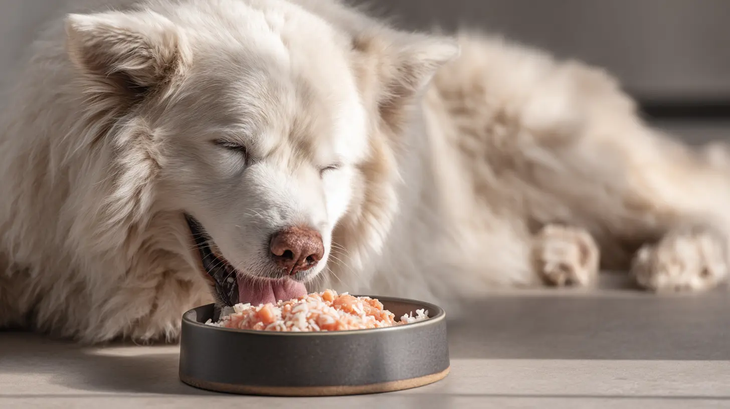 dog eating salmon and rice meal – best dog food for allergies featured image