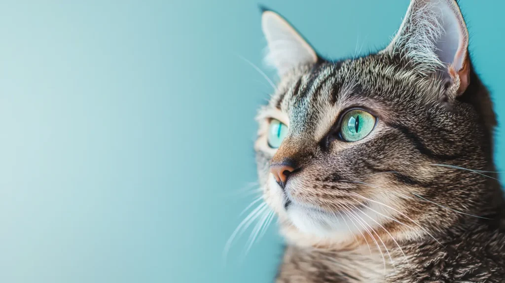 Calm indoor tabby cat with green eyes looking left, illustrating trust and curiosity for a premium cat care guide.