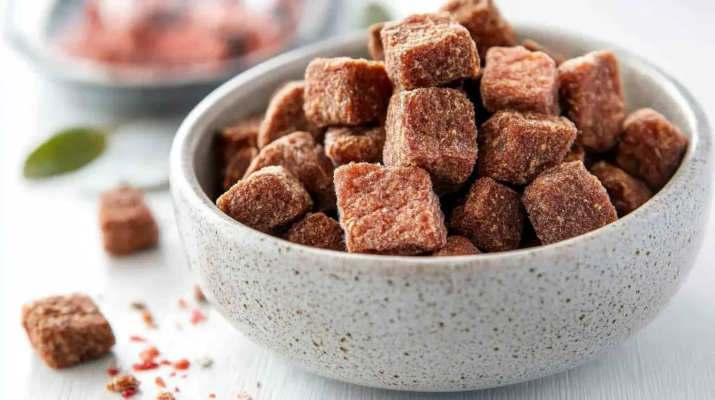 Freeze-dried dog food cubes in a bowl, premium grain-free dog food made with real meat