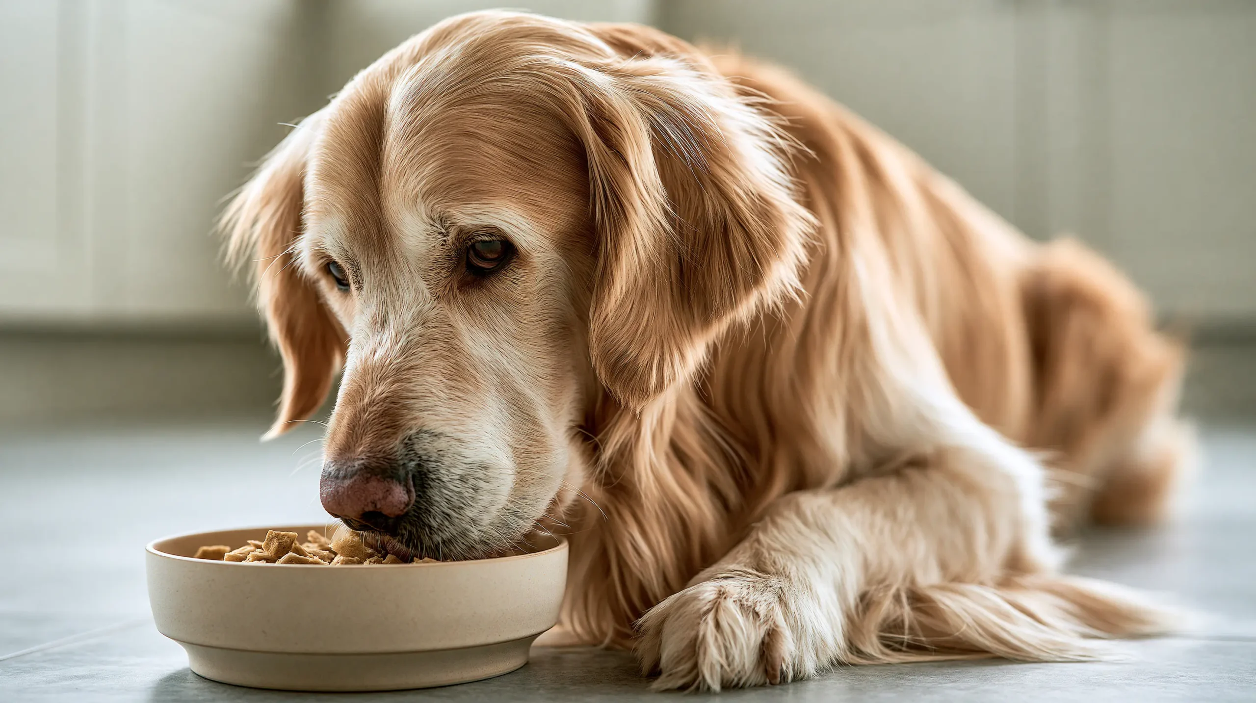Golden retriever eating from a bowl for an Air Dried Dog Food Brands comparison
