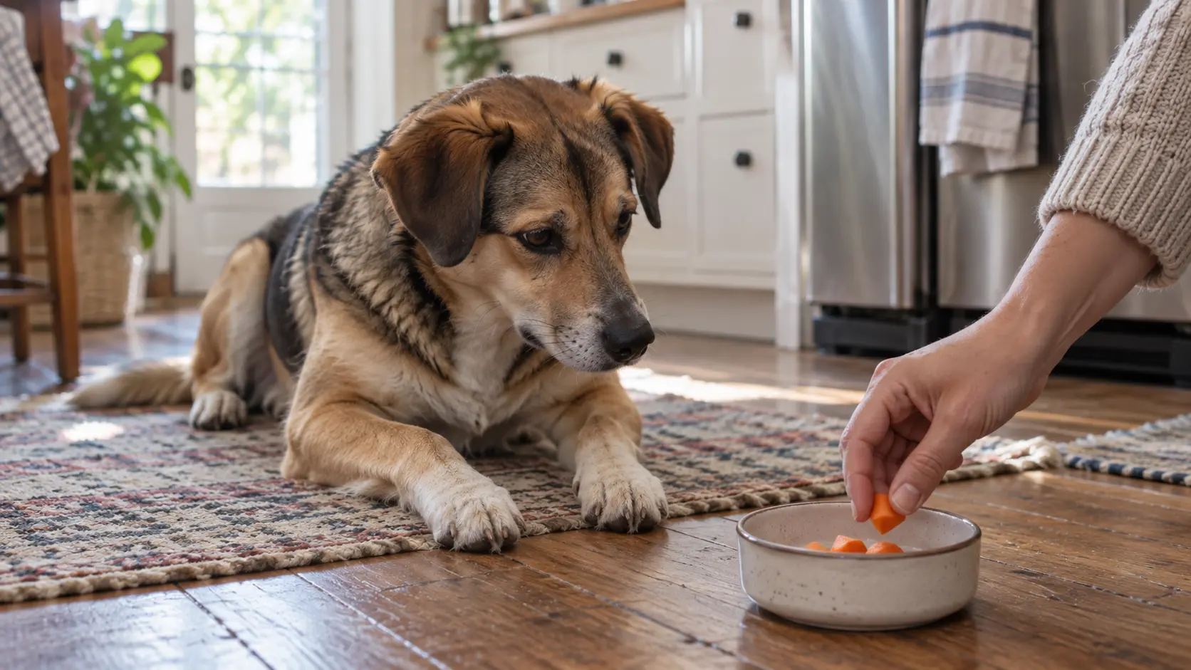 Dog watching plain carrot pieces being placed in a bowl