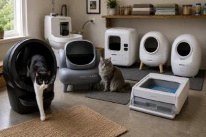 Two cats beside several automatic self cleaning kitty litter box designs in a realistic utility room.