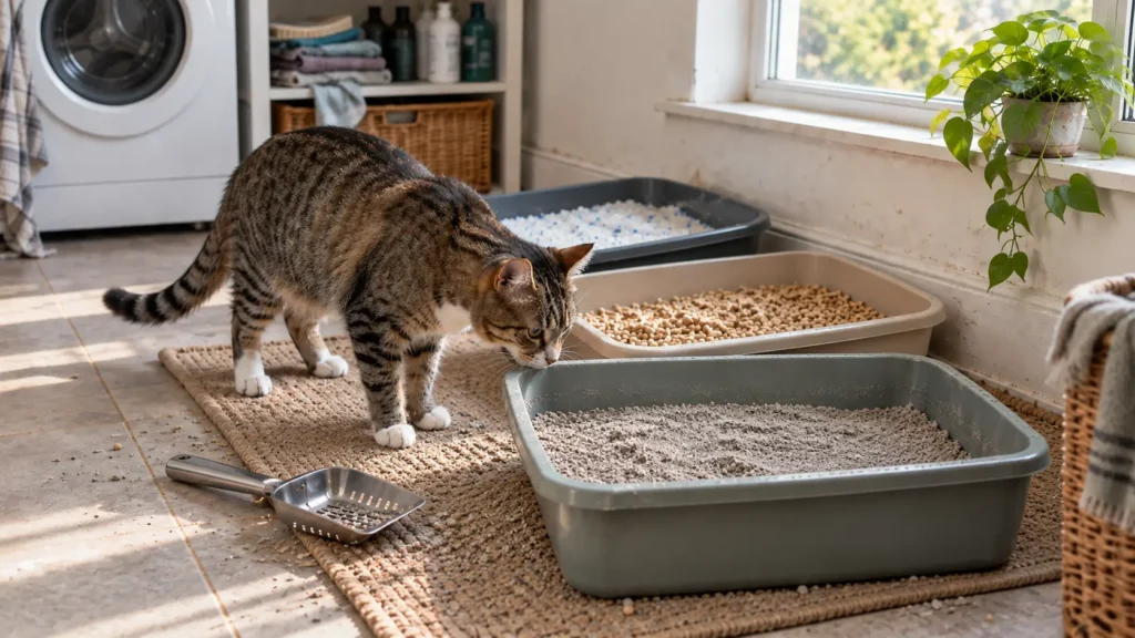 Tabby cat inspecting three litter boxes with different cat litter types at home