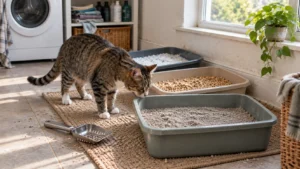 Tabby cat inspecting three litter boxes with different cat litter types at home