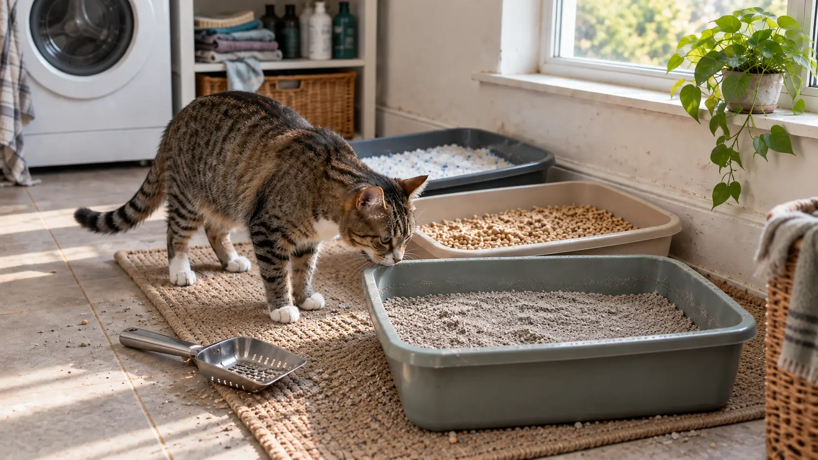 Tabby cat inspecting three litter boxes with different cat litter types at home