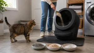 A tabby cat watches clumping litter being poured into a black automatic litter box beside three litter samples, illustrating the best cat litter for Litter Robot.