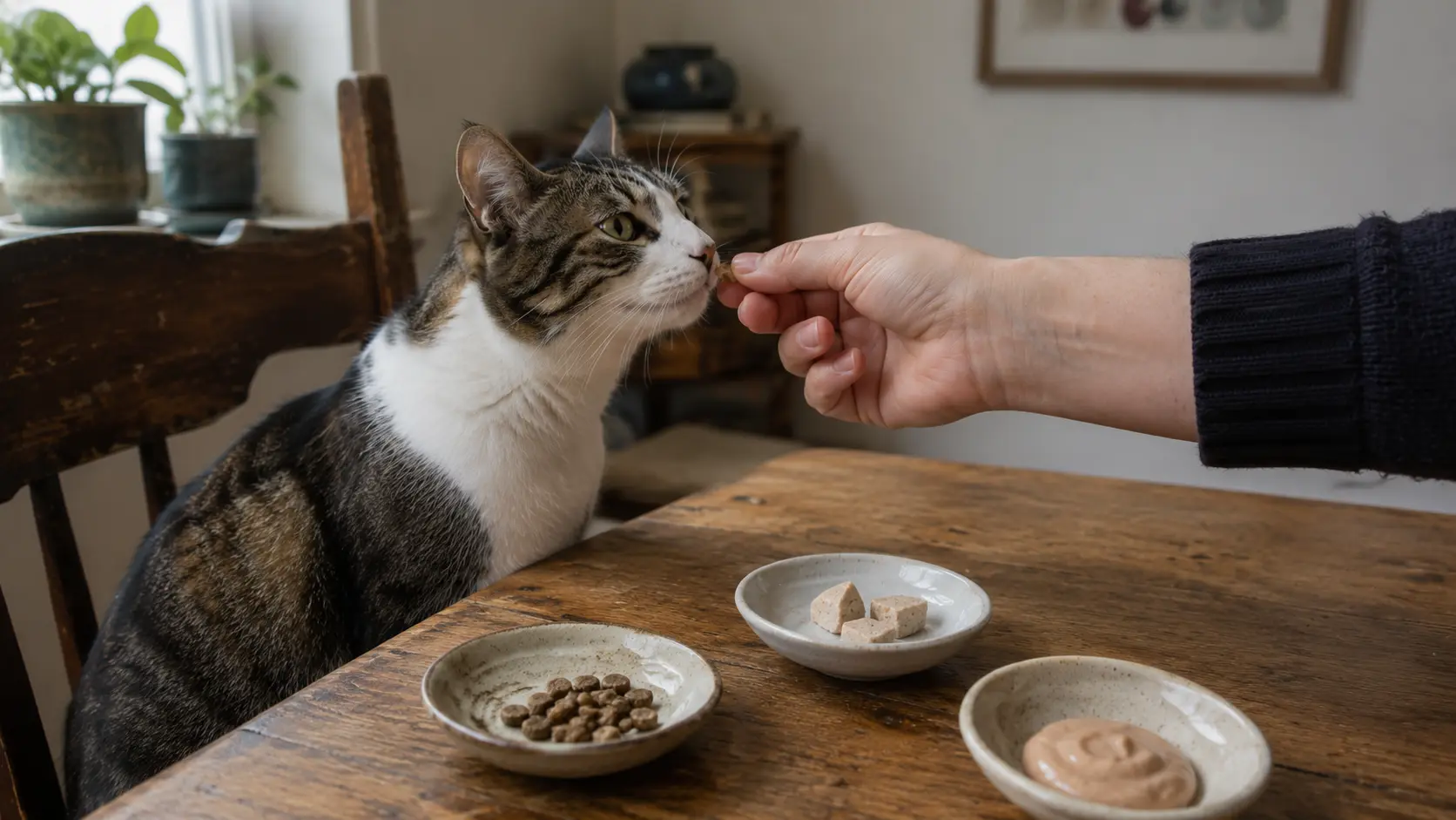 Cat choosing between crunchy, freeze-dried and lickable options in a best cat treats comparison