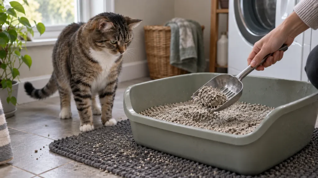 Tabby cat watching a firm clump being scooped from a clumping cat litter box.