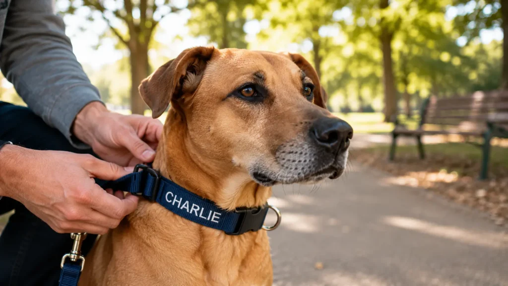 Tan dog wearing a blue dog collar with name Charlie while an owner adjusts the fit in a park.