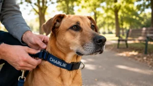 Tan dog wearing a blue dog collar with name Charlie while an owner adjusts the fit in a park.
