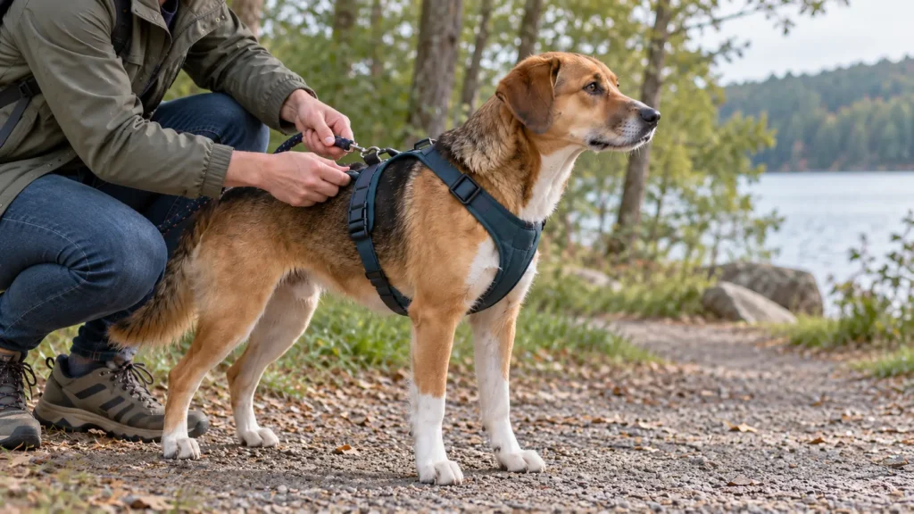 Owner adjusting a dog’s walking harness before an outdoor walk