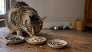 Tabby cat sniffing three types of grain-free cat treats in small dishes on a wooden table