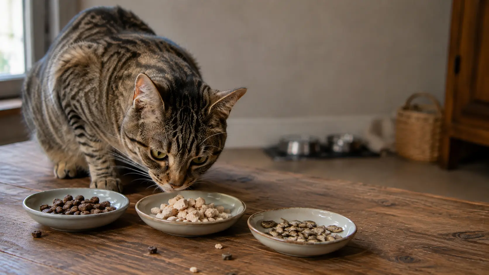Tabby cat sniffing three types of grain-free cat treats in small dishes on a wooden table