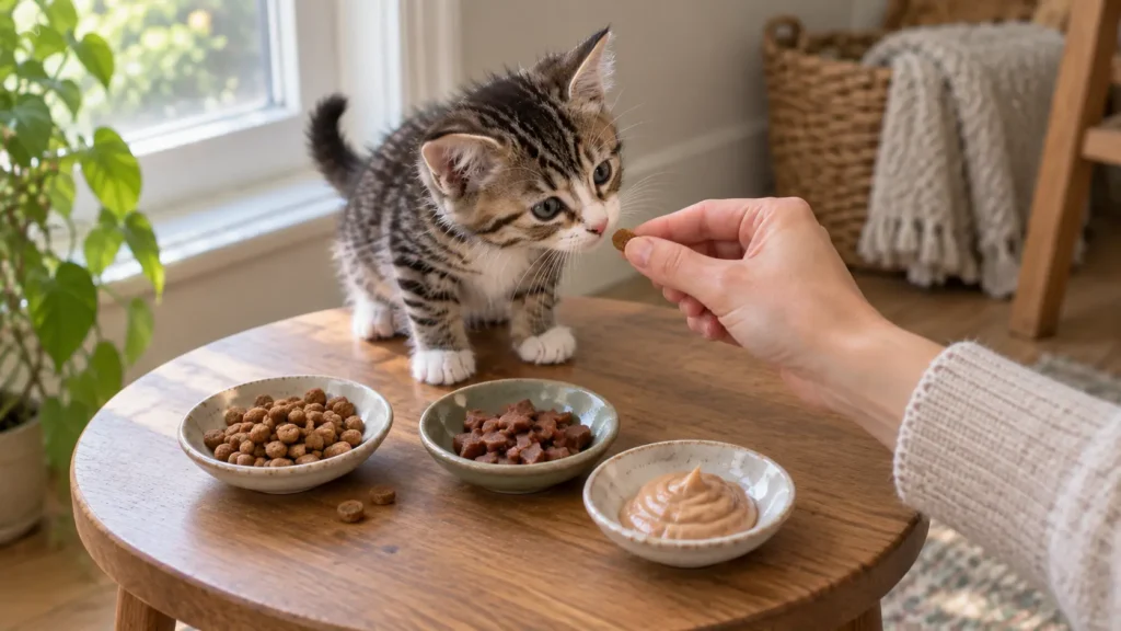 Young kitten comparing crunchy, soft, and lickable kitten treats while being offered a small treat by hand