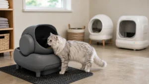 Silver long-haired cat inspecting a Litter Robot alternative, with two other automatic litter boxes in the background.