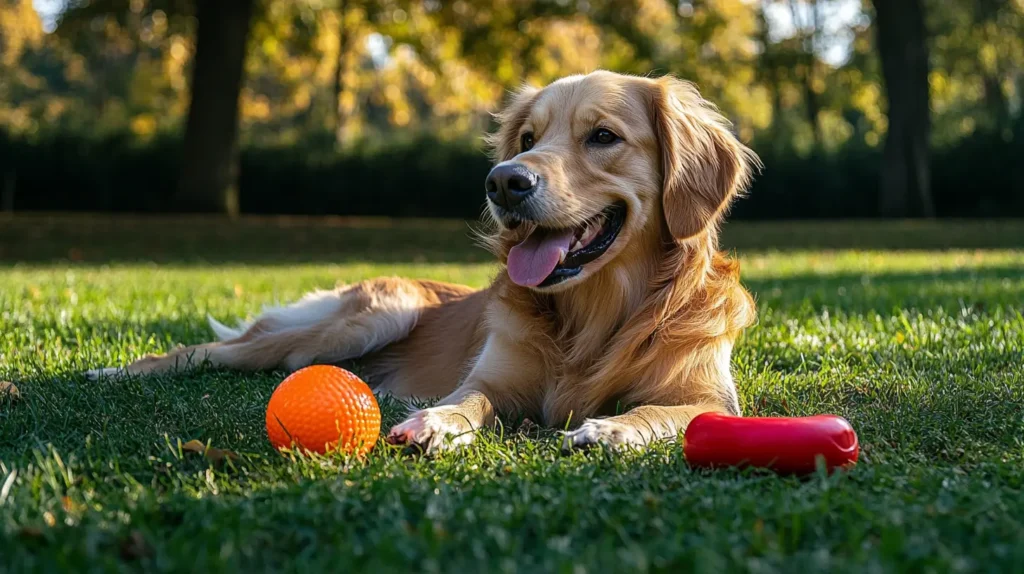 Golden dog lying on grass with rubber dog toys for chewing and fetch
