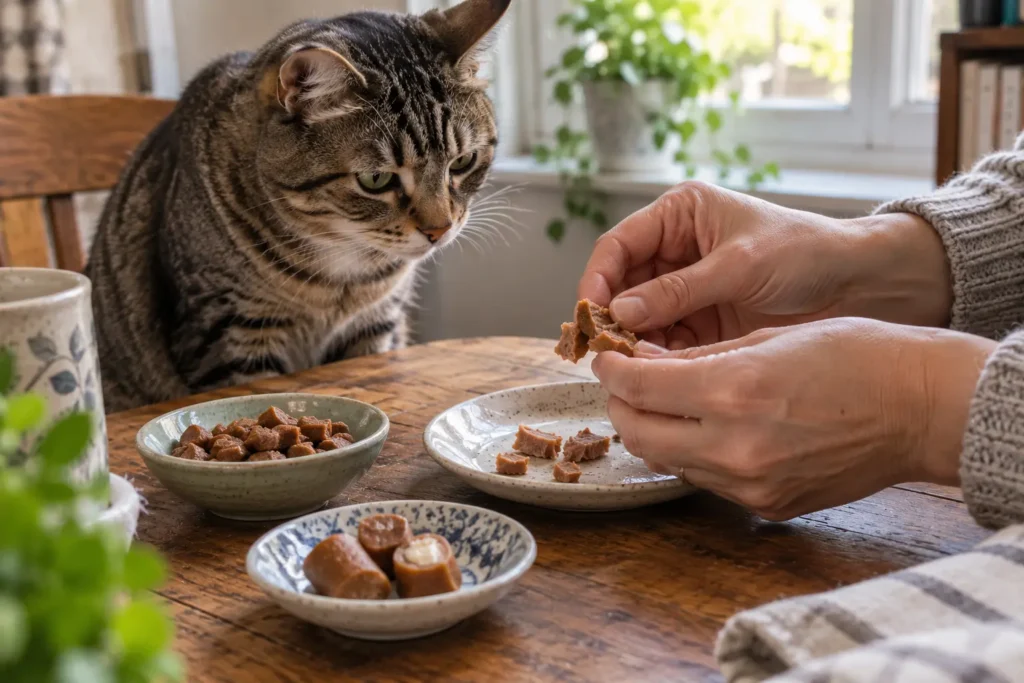 Brown tabby cat watching a person break soft cat treats into small pieces on a wooden table.