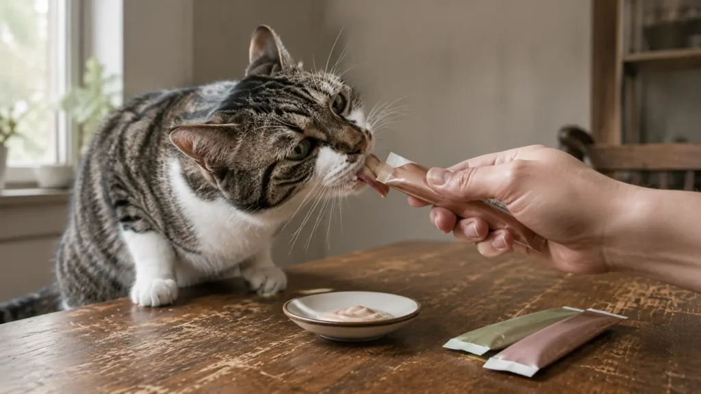 Tabby cat licking a squeezable cat treat from a tube held by a person at a wooden table