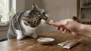 Tabby cat licking a squeezable cat treat from a tube held by a person at a wooden table
