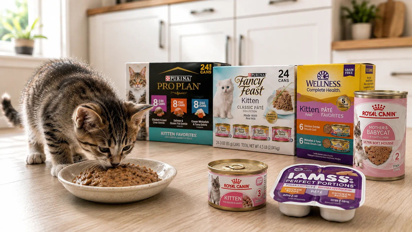 Tabby kitten eating wet food beside several kitten food cans and packages.