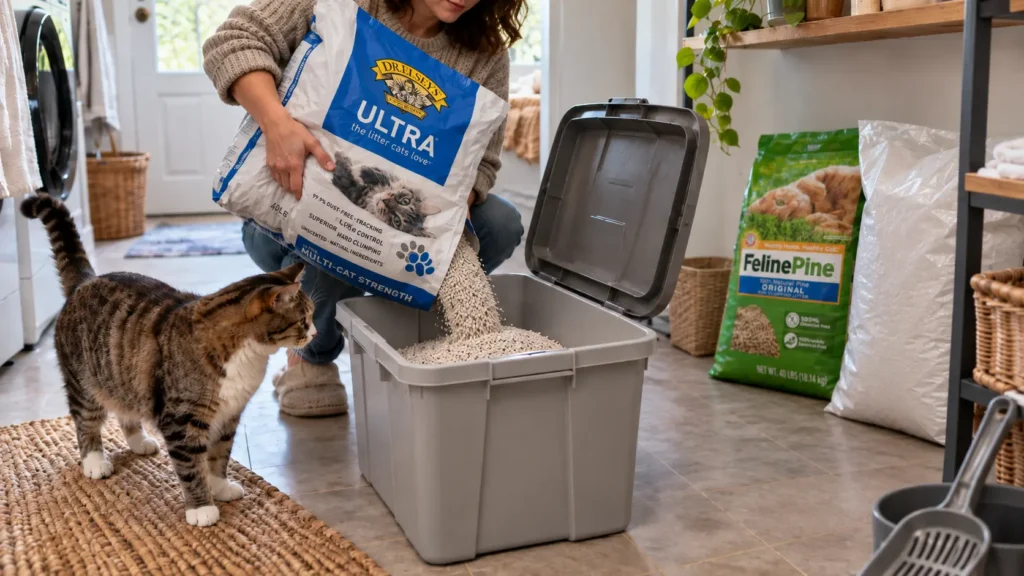 Owner pouring Dr. Elsey’s Ultra cat litter from a large bag into a storage bin while a cat watches nearby.