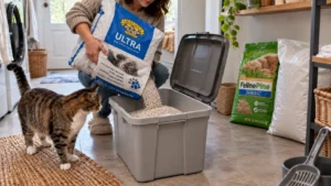 Owner pouring Dr. Elsey’s Ultra cat litter from a large bag into a storage bin while a cat watches nearby.
