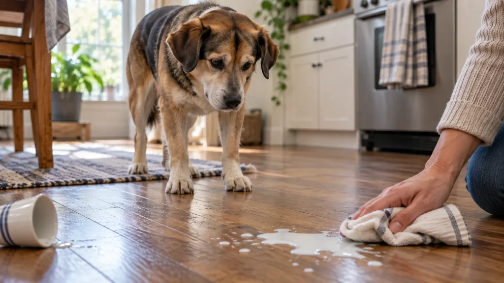 Dog watching spilled milk while an owner wipes it up