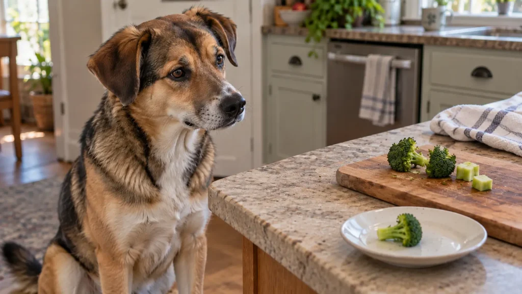 Mixed-breed dog watching small pieces of broccoli on a kitchen counter.