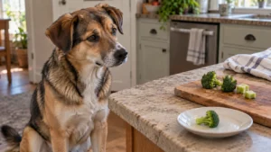 Mixed-breed dog watching small pieces of broccoli on a kitchen counter.