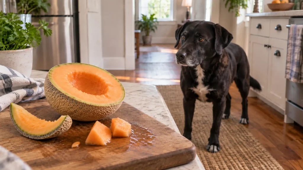 Black dog looking toward cut cantaloupe with rind and small pieces on a kitchen cutting board