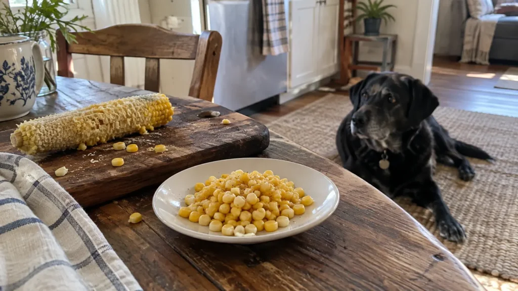 Black dog lying near a plate of plain corn kernels and a stripped corn cob on a kitchen table