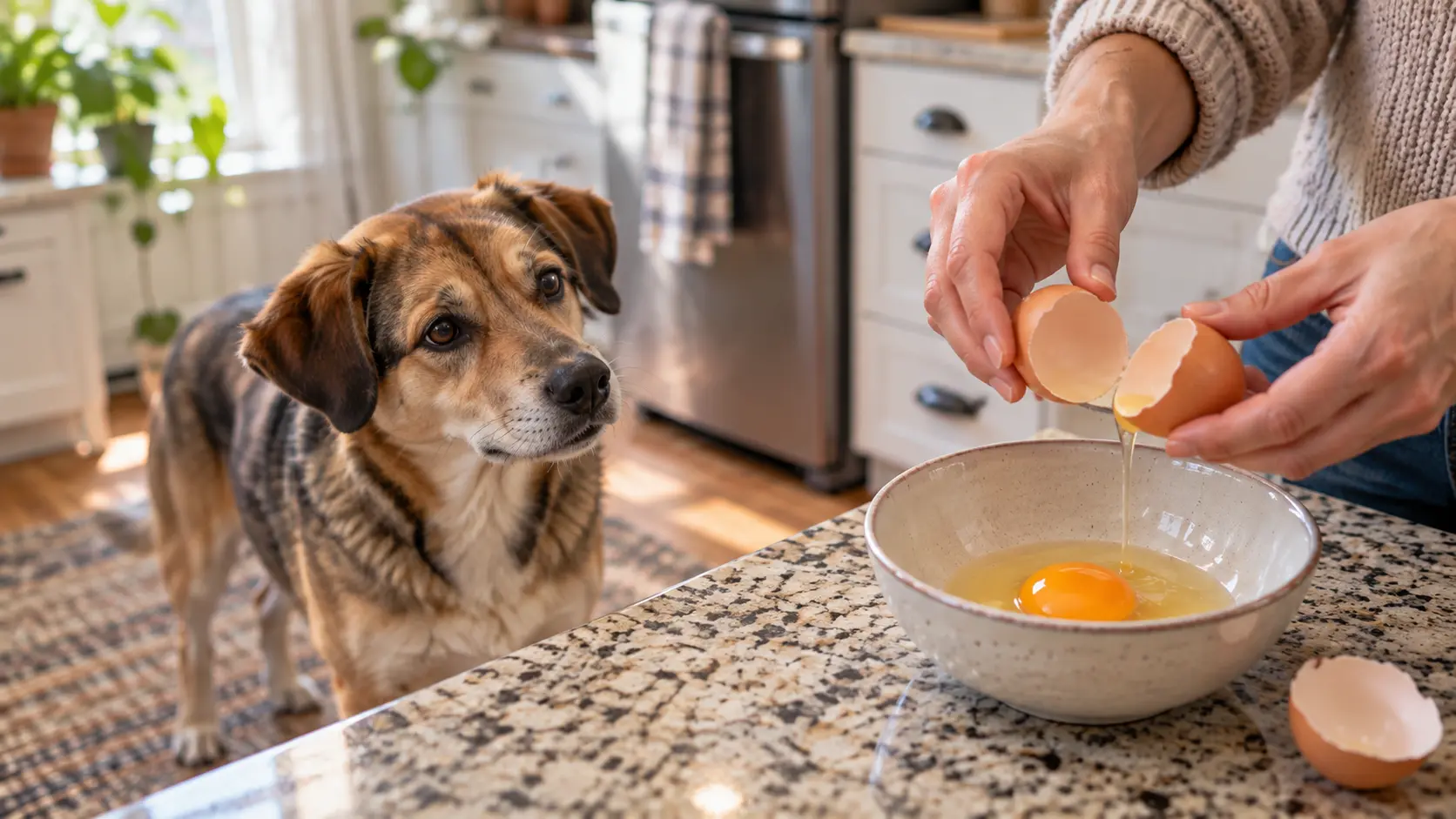Dog watching while a raw egg is cracked into a bowl in a kitchen