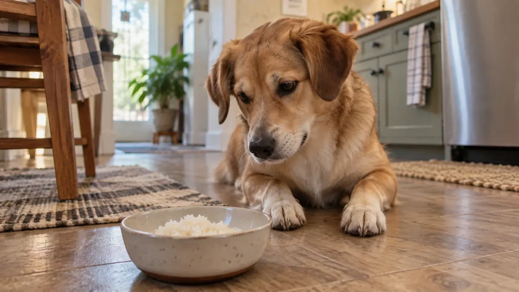 Dog lying beside a small bowl of plain cooked white rice