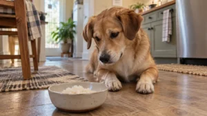 Dog lying beside a small bowl of plain cooked white rice