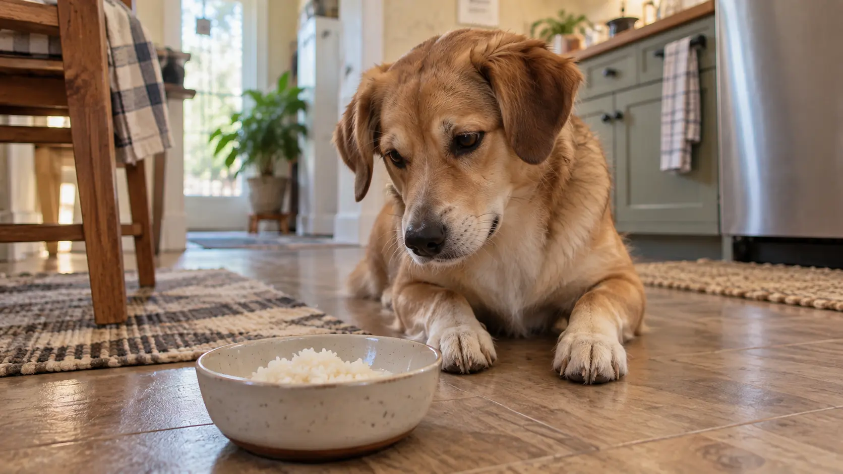 Dog lying beside a small bowl of plain cooked white rice