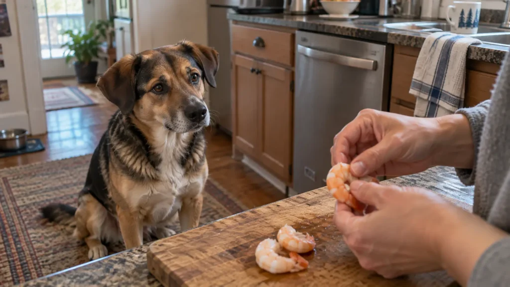 Dog watching a person peel cooked shrimp in a kitchen