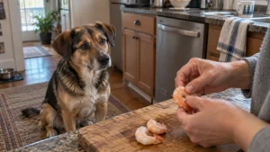 Dog watching a person peel cooked shrimp in a kitchen