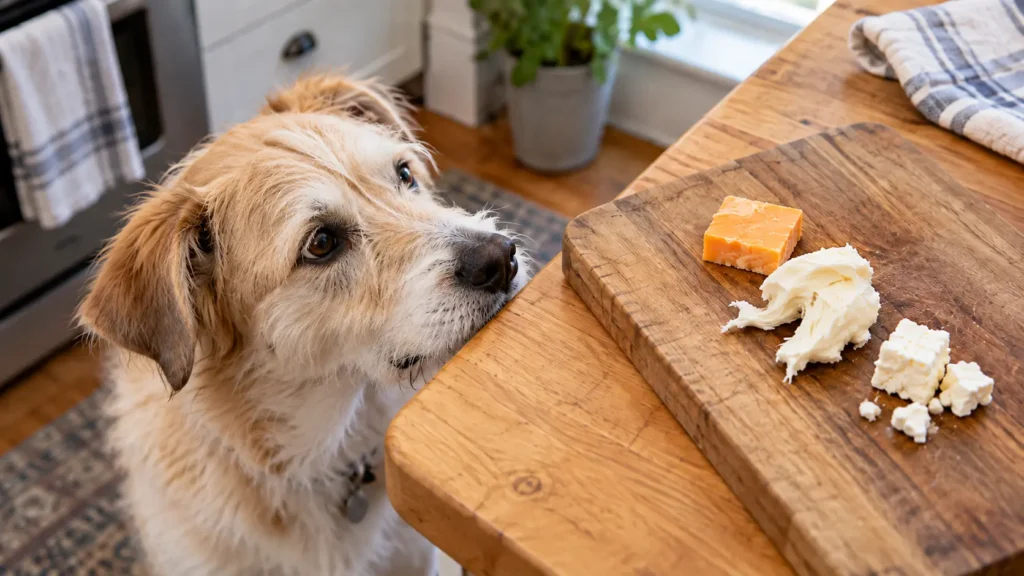 Cream-colored dog looking at cheddar, mozzarella, and feta on a wooden cutting board.