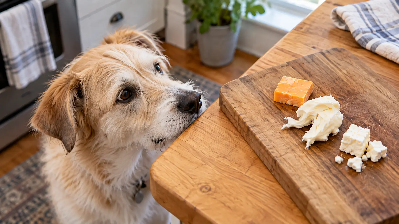 Cream-colored dog looking at cheddar, mozzarella, and feta on a wooden cutting board.