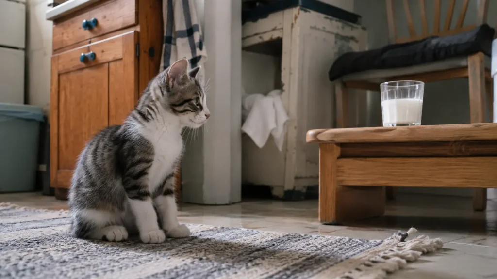 Young kitten looking toward a glass of milk on a nearby table