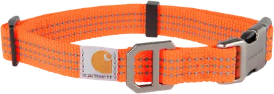 Hunter orange Carhartt nylon dog collar with reflective stitching and slotted metal D-ring