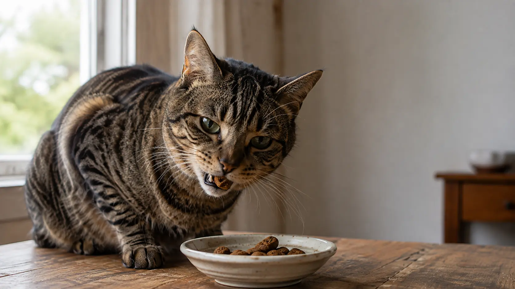 Tabby cat chewing a crunchy cat dental treat beside a small bowl of dental treats on a wooden table